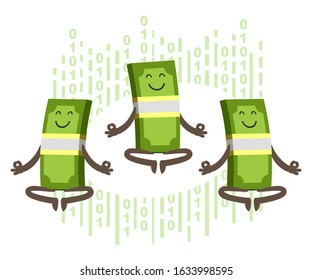 Money characters meditating. Digital transaction, non-cash payments. Vector Illustration.