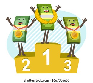 Money Characters and podium for award ceremony. Vector Illustration. 