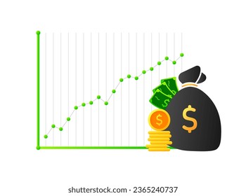 Money chart. Flat, color, bag of money, up chart, profit growing, money chart. Vector icon