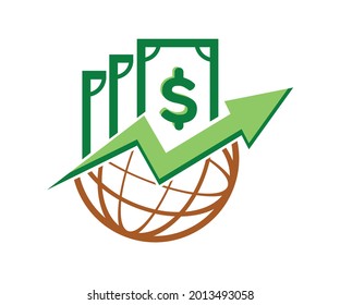 Money chart in the globe icon vector logo design illustrator, statistic symbol, arrow grow up icon