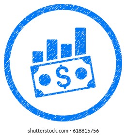 Money Chart grainy textured icon inside circle for overlay watermark stamps. Flat symbol with dust texture. Circled vector blue rubber seal stamp with grunge design.
