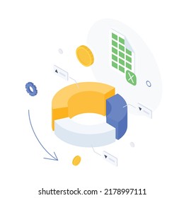 Geld, Diagramm, Diagramm, Diagramm, Präsentation, Tabelle, Wirtschaft, Finanzen, Technologie. Isometrische Vektorgrafik flach Design einzeln.