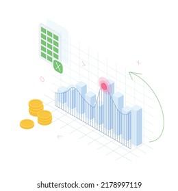 Money, chart, graph, diagram, presentatnion, spreadsheet, economy, finance, technology.Isometric vector illustration flat design isolated.