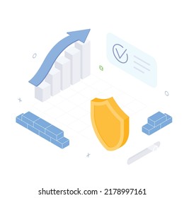 Money, chart, graph, diagram, presentatnion, spreadsheet, economy, finance, technology.Isometric vector illustration flat design isolated.
