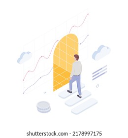 Money, chart, graph, diagram, presentatnion, spreadsheet, economy, finance, technology.Isometric vector illustration flat design isolated.