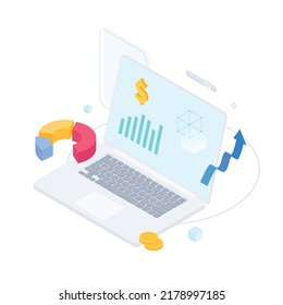 Dinero, gráfico, gráfico, diagrama, presentación, hoja de cálculo, economía, finanzas, tecnología.Isometric vector ilustración diseño plano aislado.