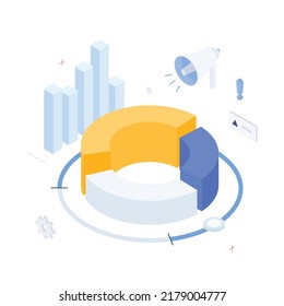 Dinero, gráfico, gráfico, diagrama, presentación, hoja de cálculo, economía, finanzas, tecnología.Isometric vector ilustración diseño plano aislado.