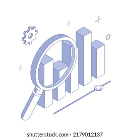 Dinero, gráfico, gráfico, diagrama, presentación, hoja de cálculo, economía, finanzas, tecnología.Isometric vector ilustración diseño plano aislado. Contorno, estilo lineal, arte de línea, trazo editable.