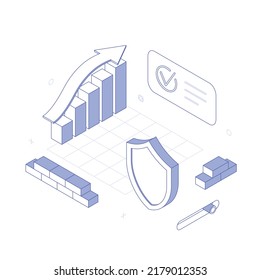 Money, chart, graph, diagram, presentatnion, spreadsheet, economy, finance, technology.Isometric vector illustration flat design isolated. Outline, linear style, line art, editable stroke.