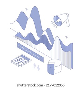 Geld, Diagramm, Diagramm, Diagramm, Präsentation, Tabelle, Wirtschaft, Finanzen, Technologie. Isometrische Vektorgrafik flach Design einzeln. Rahmenlinie, Linearstil, Linienkunst, bearbeitbarer Strich.