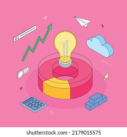 Money, chart, graph, diagram, presentatnion, spreadsheet, economy, finance, technology.Isometric vector illustration flat design isolated.