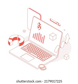 Money, chart, graph, diagram, presentatnion, spreadsheet, economy, finance, technology.Isometric vector illustration flat design isolated. Outline, linear style, line art, editable stroke.