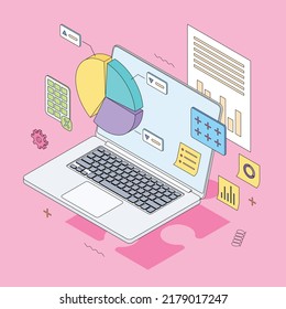 Money, Chart, Graph, Diagram, Presentatnion, Spreadsheet, Economy, Finance, Technology.Isometric Vector Illustration Flat Design Isolated.