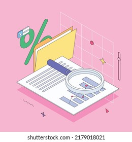 Money, chart, graph, diagram, presentatnion, spreadsheet, economy, finance, technology.Isometric vector illustration flat design isolated.