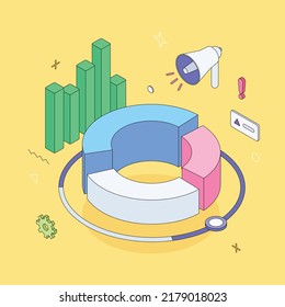 Money, chart, graph, diagram, presentatnion, spreadsheet, economy, finance, technology.Isometric vector illustration flat design isolated.