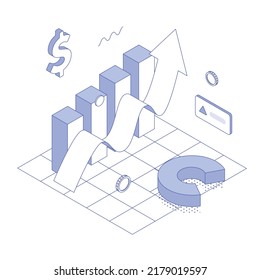 Money, chart, graph, diagram, presentatnion, spreadsheet, economy, finance, technology.Isometric vector illustration flat design isolated. Outline, linear style, line art, editable stroke.