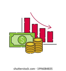 Money Chart icon Vector. Money stats with chart bar growing of rising and falling dollar vector design concept for Payment, Finance, Currency and Trading Business website, symbol, icon, sign, App UI
