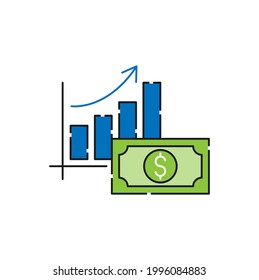 Money Chart icon Vector. Money stats with chart bar growing of rising and falling dollar vector design concept for Payment, Finance, Currency and Trading Business website, symbol, icon, sign, App UI