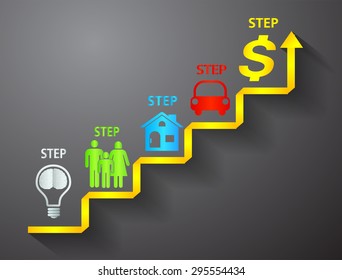 money chart. vector illustration. lamp idea make money.. infographics. marketing, victory. Ladder to success. walk. goal. graphic. stair. icon. destination, win, brain. business idea.