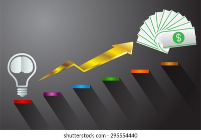 money chart. vector illustration. lamp idea make money.. infographics. marketing, victory. Ladder to success. walk. goal. graphic. stair. icon. destination, win, brain. business idea.