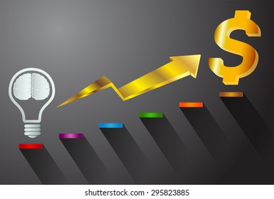 money chart. vector illustration. lamp idea make money.. infographics. marketing, victory. Ladder to success. walk. goal. graphic. stair. icon. destination, win. brain. business idea. 
