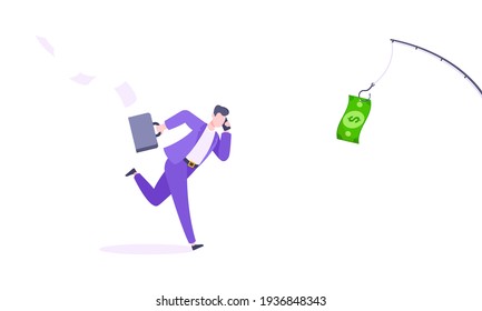 Money chase business concept with businessman running after dangling dollar and trying to catch it. Working hard and always busy in the loop routine flat style design vector illustration.