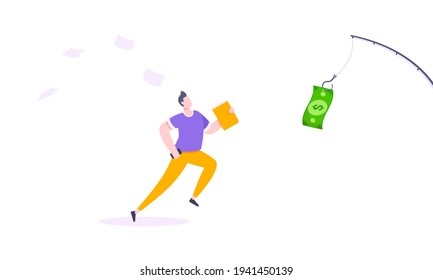 Money chase business concept with businessman running after dangling dollar and trying to catch it.