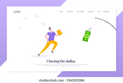 Money chase business concept with businessman running after dangling dollar and trying to catch it. Working hard and always busy in the loop routine flat style design vector illustration.