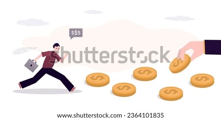 Money chase. Businessman running to grab money coin trail. Chasing for investment yield, profit or earning, job promotion, change job for better salary, greed or investing opportunity. flat vector