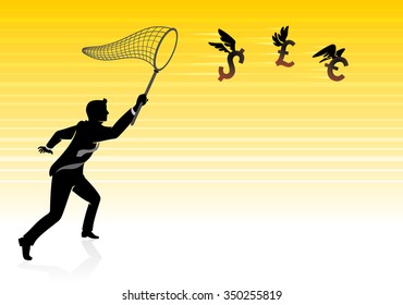 Money Chase-Currency with wings avoiding capture of determined businessman's net