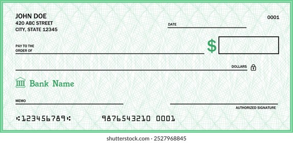 Money check blank template. Blank bank checkbook cheque - generic vector design.