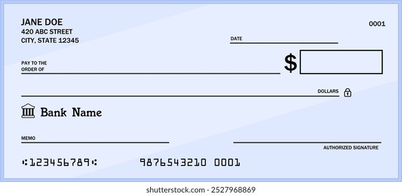 Money check blank template. Blank bank checkbook cheque - generic vector design.