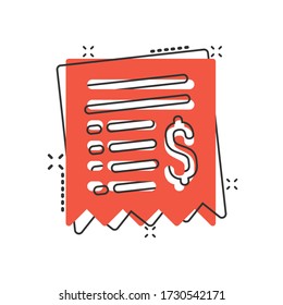 Money check icon in comic style. Checkbook cartoon vector illustration on white isolated background. Finance voucher splash effect business concept.