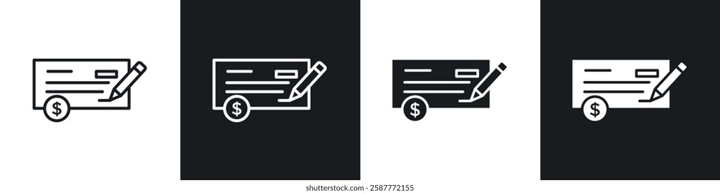 Money check icon set black and white colors. Graphic Vector icons pack