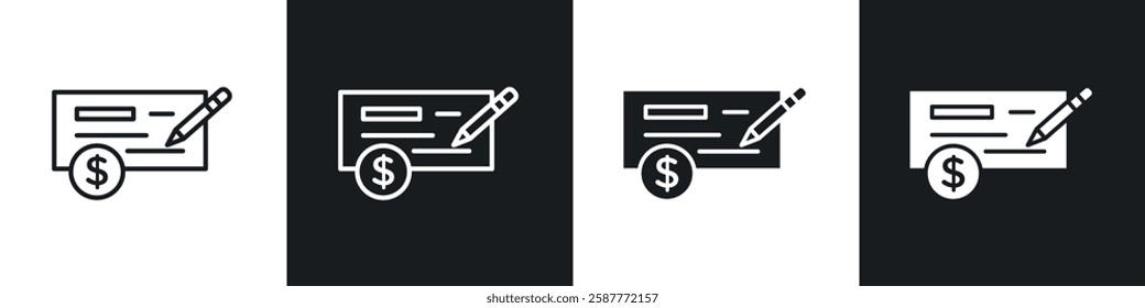 Money check icon set black and white colors. Graphic Vector icons pack