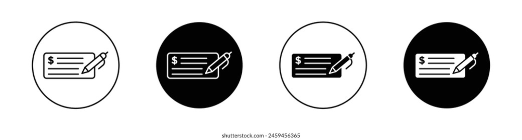 Money check icon set.payment pay paper cheque vector symbol. salary cheque sign in black filled and outlined style.