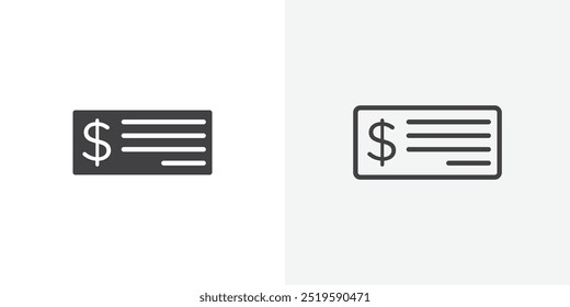 Icono de cheque de dinero. estilo de línea delgada de relleno sólido y trazo eps 10