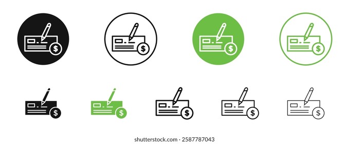 Money check icons in black and green colors collection