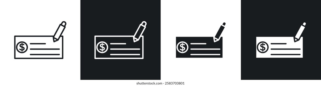 Money check icons collection in black and white filled and line versions