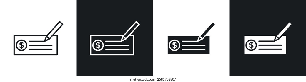 Money check icons collection in black and white filled and line versions