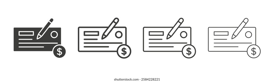 Money check icons set. Liner outlined and flat black color