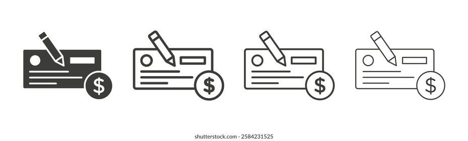 Money check icons set. Liner outlined and flat black color