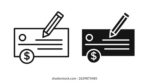 Money check icons solid and thin line.