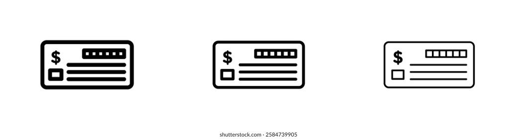 Money check icons in three different stroke lines