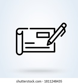 Money check or invoice icon or logo line art style. Outline money or bank check concept. Pay Cheque vector illustration.