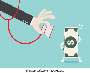 Money Check Up. Financial Health Check. Close Up Businessman Hand Use Stethoscope To Check Bank Note Money Health. Flat Design Business Financial Marketing Banking Concept Cartoon Illustration.