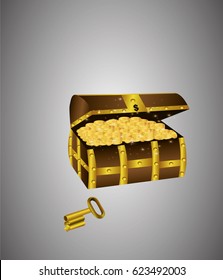 Money chest, on a white background. Money wealth.Gold coins. A chest with a lock on the dollar, key.