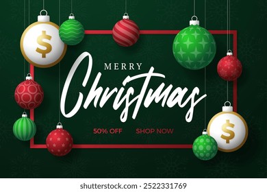 Money Christmas Greeting card. Merry Christmas and happy new year dollar greeting card. Hang on a thread green and red xmas ball bauble on green on background. Sport Vector illustration.