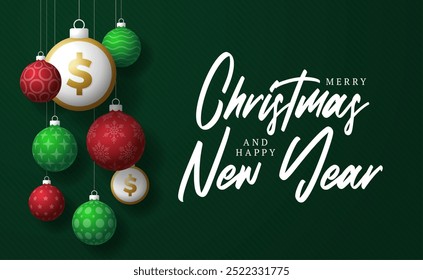 Money Christmas Greeting card. Merry Christmas and happy new year dollar greeting card. Hang on a thread green and red xmas ball bauble on green on background. Sport Vector illustration.
