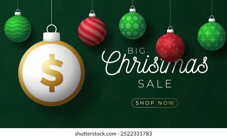 Money Christmas Greeting card. Merry Christmas and happy new year dollar greeting card. Hang on a thread green and red xmas ball bauble on green on background. Sport Vector illustration.